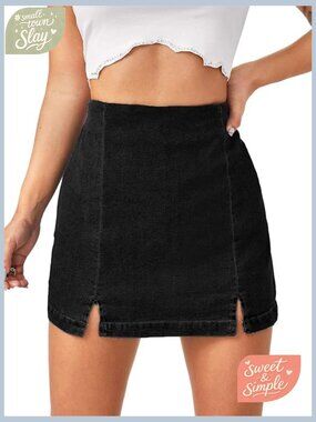 High Waist Denim Skorts with Split Hem, Casual Stretch Shorts